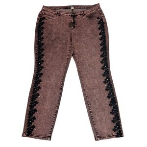 Venus Women's Size 20 Maroon Pinkish Jeans Embroidered Black Flowers Rhinestones